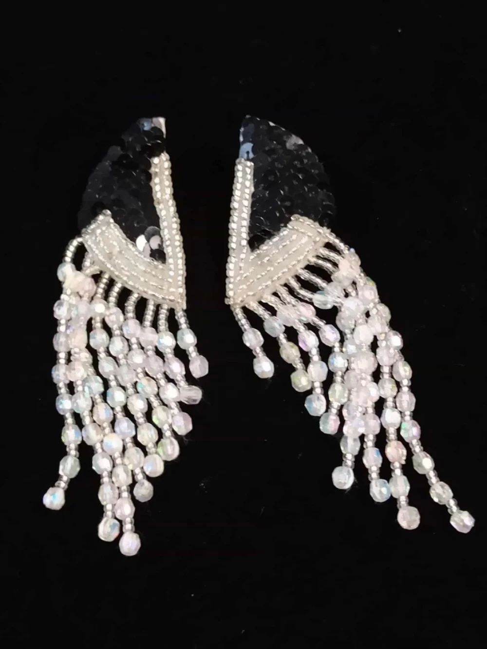 80's Black Sequin Beaded Fringe Earrings Dramatic Dangle Pierced